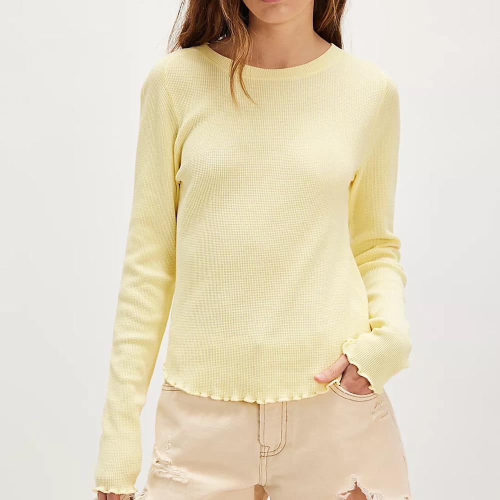 Free People / We The Free Easy Does It Tee, Buttercup, Long Sleeve Waffle, XS
